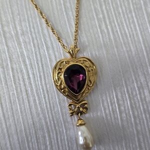 Avon Gold Necklace with Purple Gem and Pearl Drop